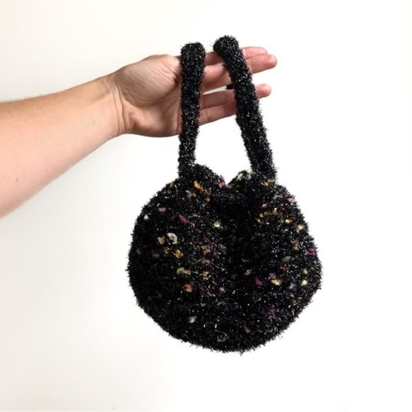 Vintage Handbags - [SOLD] VINTAGE 1920’s Style Round Black Chenille Festive Pouch